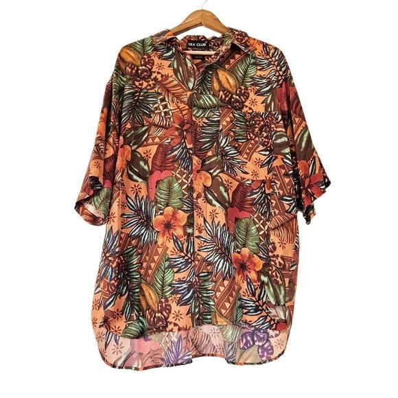Vtg Silk Club Mens 100% Silk Floral Hawaiian Button Up Shirt Size XL Pocket - Picture 1 of 8